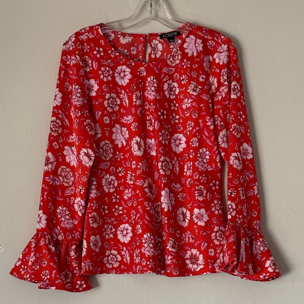 J. Crew Red Floral Blouse with Ruffled Sleeves